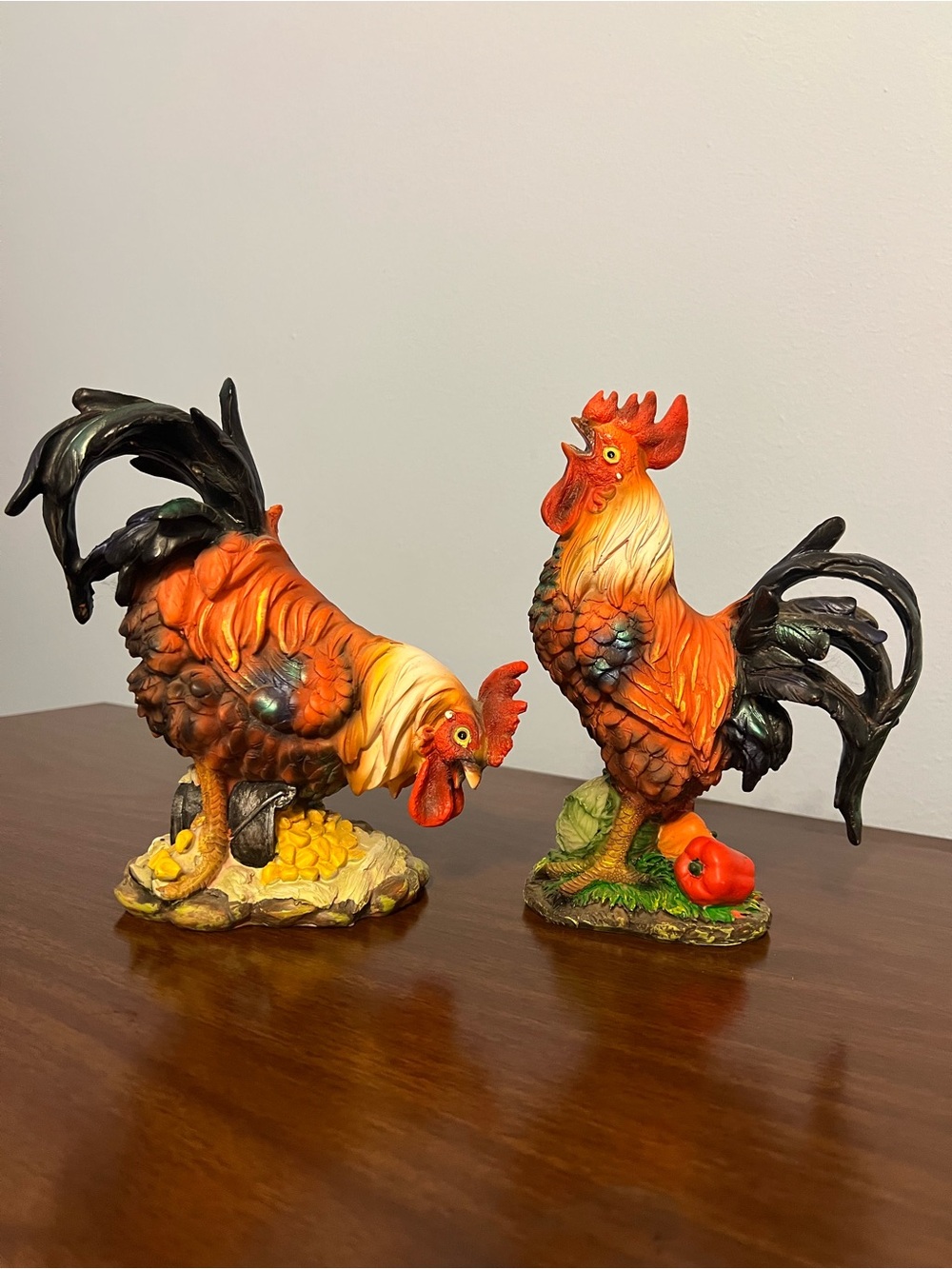 Pair of Colorful Rooster Figurines - Orange